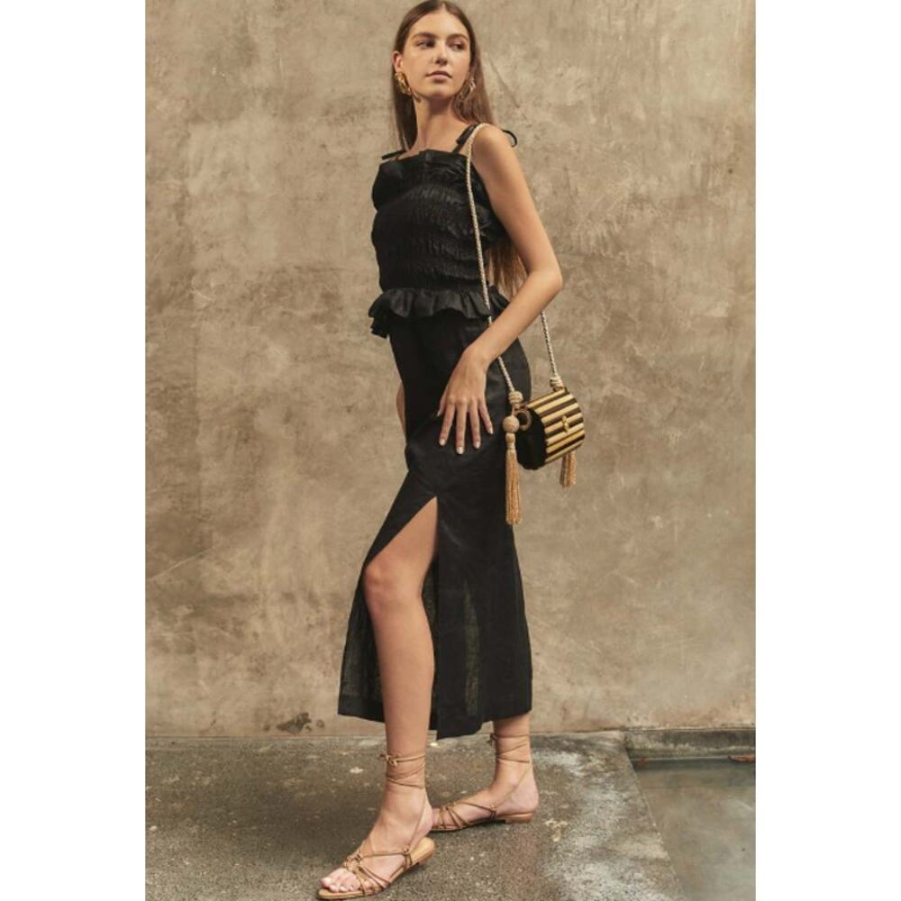 CHRISTY LYNN Venus Midi Dress Linen Blend Ruffle Smocked Sleeveless Slit Maxi - Picture 12 of 13